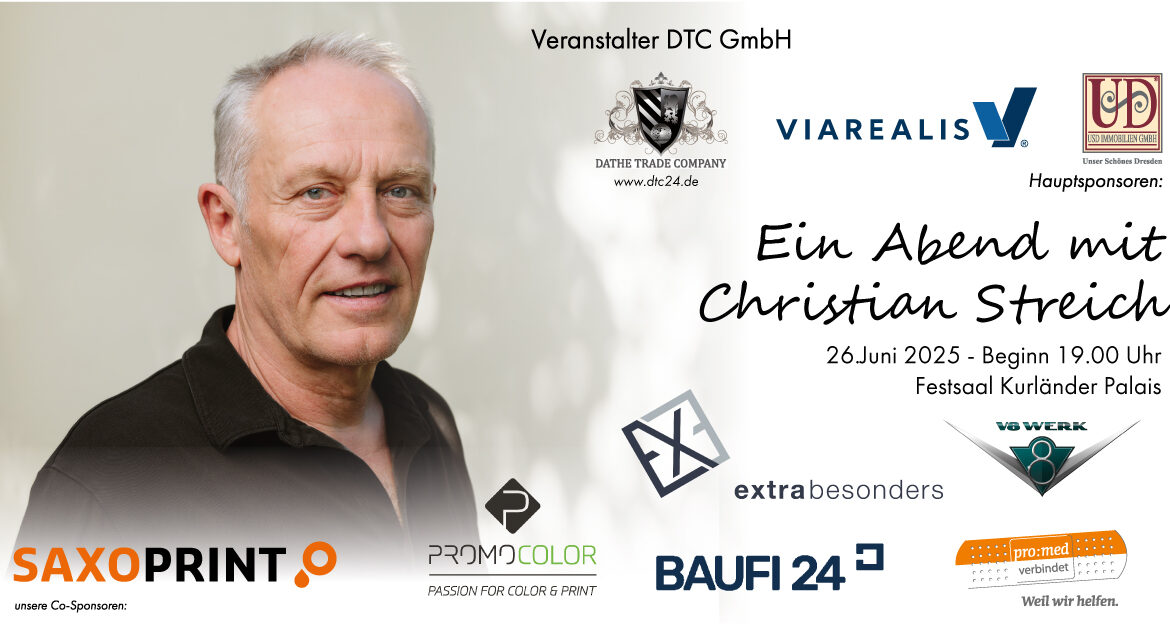Am 26.06.2025 haben wir nun schon zum 8x in Dresden in den Festsaal Kurländer Palais eingeladen. 120 Gäste wurden mit einem 3 Gänge Menü von Kastenmeiers (Kempinski Taschenberg Palais) verwöhnt und für die Unterhaltung sorgte ein bestens sehr empathischer und emotionaler Christian Streich.